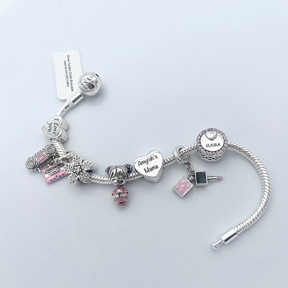 Linx Silver Snake Chain Bracelet with Personalized Mother Daughter Themed Charms